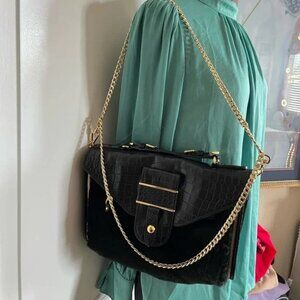 REBECCA MINKOFF Black Croc Bag, Gold Chain Strap, Leather & Fur Trim